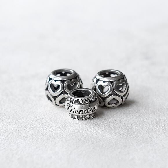 Brighton 3 PC Charm Beads Friends Spacer Rhinestone Hearts Cutout Silver Set - Picture 2 of 4